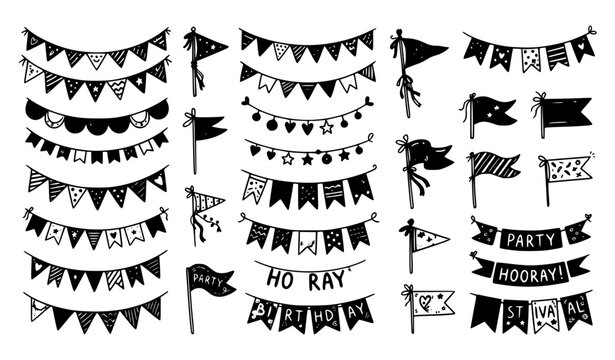 Festive Pennant Flags and Party Bunting Hand Sketched Vector Illustration Set