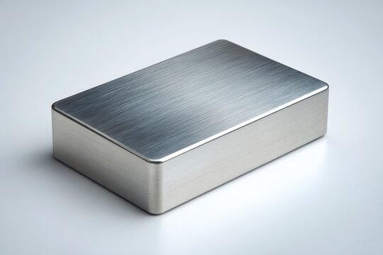 Brushed stainless steel rectangular box on a white studio background