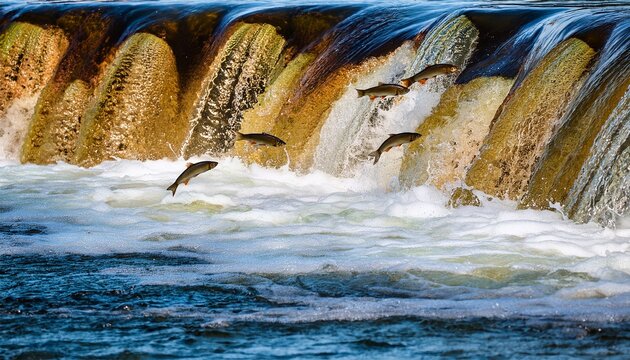 fishes go for spawning upstream jumping over waterfall
