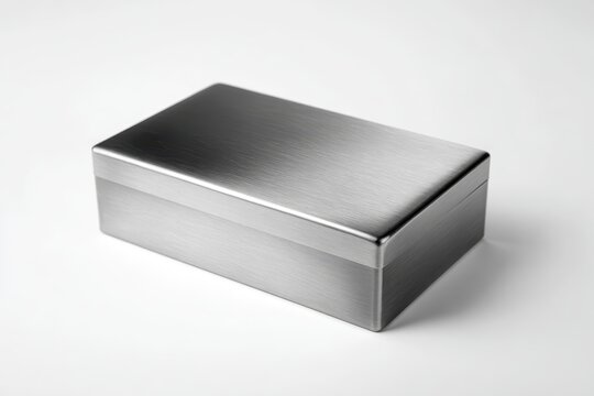 Minimalist stainless steel box in studio lighting on white surface