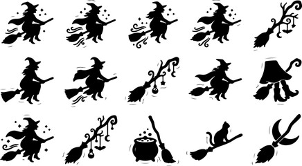 Set of halloween witch silhouettes on broomsticks, black cat, cauldron and magic brooms graphic elements © ismat