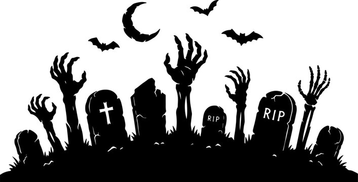 Spooky Halloween graveyard silhouette with rising zombie hands and bats under crescent moon