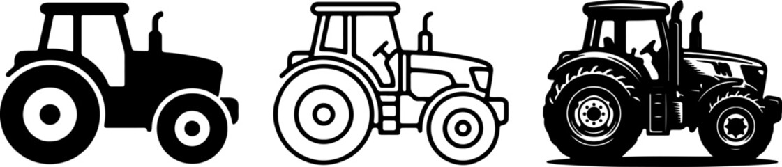 Tractor icon set black outline silhouette and detailed farm tractor vector illustration isolated on white background © Sheikh