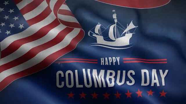 American Flag With Sailing Ship And Columbus Day Text Waves In The Wind video stars stripes united states holiday historical vintage illustration