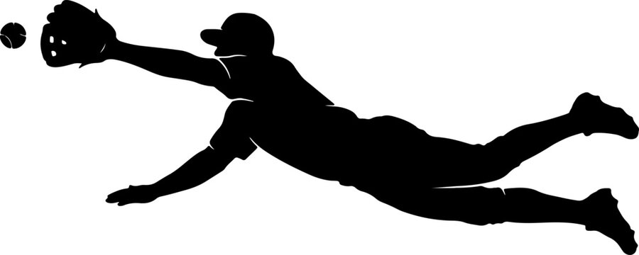 Baseball player silhouette diving horizontally to catch a ball vector illustration