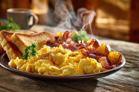 Classic home-style breakfast featuring scrambled eggs, fried potatoes and bacon on a sunlit table