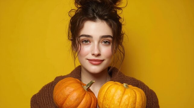 Cheerful female model with pumpkins in autumn tones on a vibrant yellow background