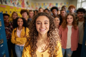 Fototapeta premium Cheerful high school portrait: a smiling girl surrounded by classmates in a bright hallway