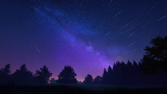 Dreamlike nocturnal scene: forest silhouettes beneath a vibrant, star-filled sky