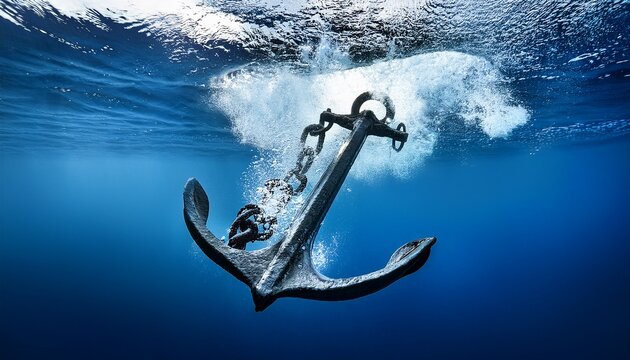 ship anchor splashing into deep blue ocean water