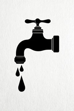 Simple black faucet silhouette with water droplets in flat design