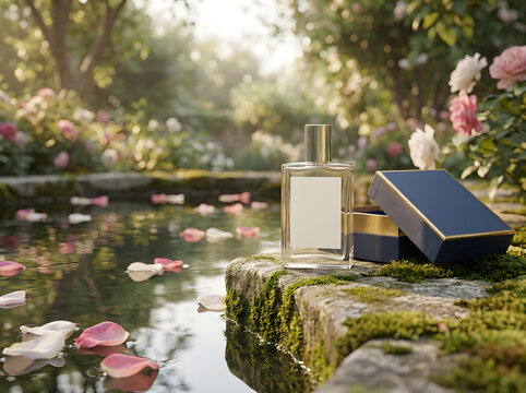 Perfume bottle sitting on stone ledge near water fountain in lush North America garden.