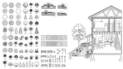Obraz premium Residential House 3D Section Cutaway with Landscape Plan Blocks, Planter Details, and Paving Hatches