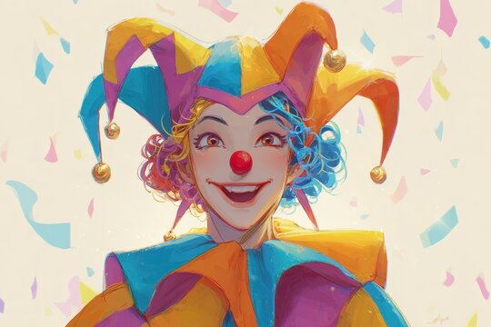 Carnival-inspired jester hat, wig, and nose prop in bright tones for playful design