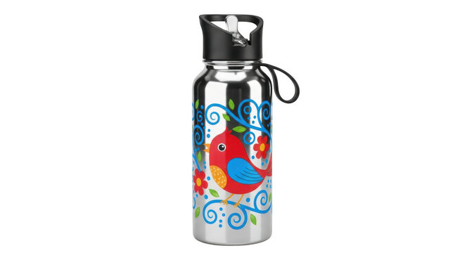 Metal water bottle with bird art isolated on transparent background