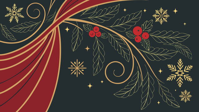 Elegant Festive Background with Gold Foliage and Red Berries