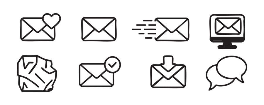 Eight linear mail icons including messaging app and computer interface symbols for web applications.