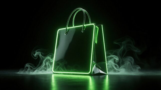 Sleek black shopping bag with bright neon green light outline. Green smoke swirls around base on dark reflective surface. Futuristic commerce concept.