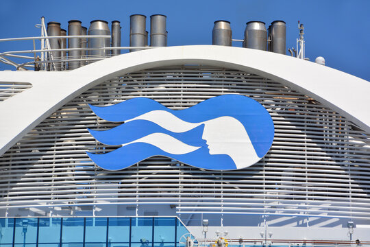 SAN DIEGO CALIFORNIA UNITED STATES OF AMERICA: Logo of the Crown Princess is a Grand-class cruise ship owned and operated by Princess Cruises. he ship godmother is Martha Stewart. 