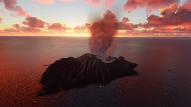 Circular aerial view at sunset of Whakaari eruption at White Island and Crater Lake in Bay of Plenty. New Zealand