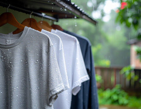 row of t shirts on wooden hangers getting sprayed with water droplets while hanging outdoors under a tin roof during rain
