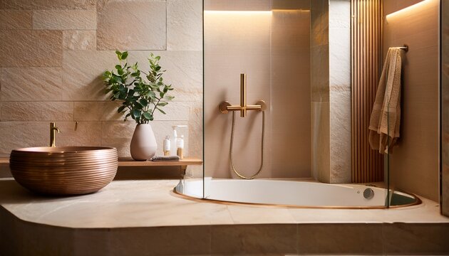 brushed brass shower handle marble tile ribbed accent niche shelf spa bathroom warm neutral color stone bench modern design minimalist style soft lighting serene mood blend refined comfort calm
