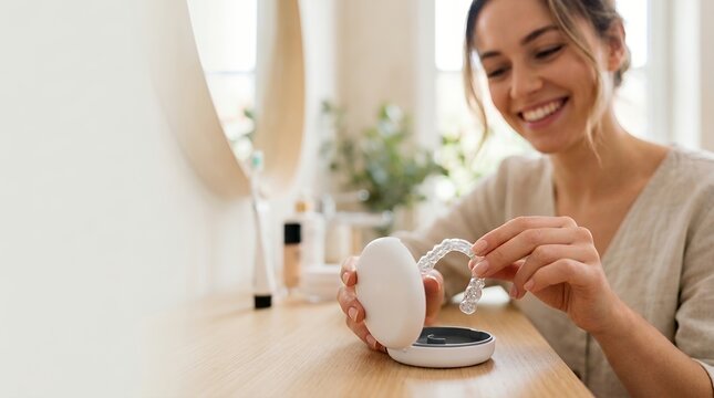 Woman placing clear aligner in case. Female using transparent dental tray for teeth care.