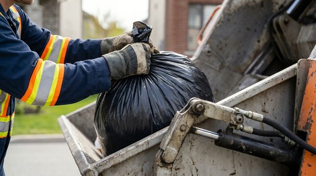 Waste collector emptying residential trash bin into garbage truck. Sanitation worker disposing refuse during morning shift in urban neighborhood.
