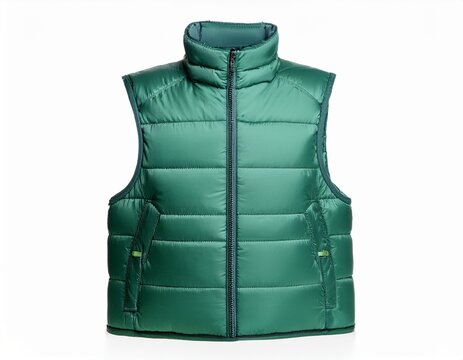 green quilted vest with high collar and zippered pockets for cold weather isolated white background include cut out backgrounfile