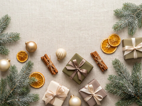 Elegant Christmas flat lay composition with wrapped gift boxes, frosted fir branches, dried orange slices, and cinnamon sticks on a neutral linen background