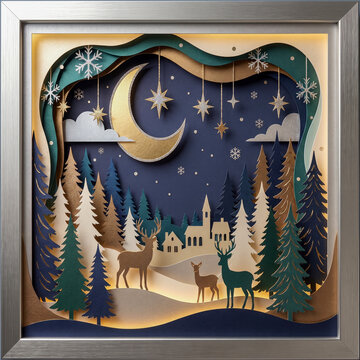 Elegant 3D paper-cut winter landscape with deer in a forest, crescent moon, and stars inside a silver frame. Festive holiday papercraft art scene