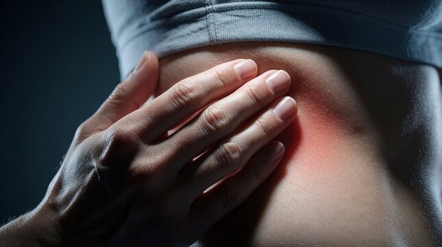 Female athlete touches side of ribs after intense physical training workout. Person feels sharp muscular ache inflammation rib injury. Woman experiences distress discomfort from intercostal strain.