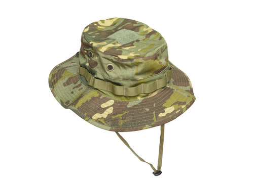 Military style boonie hat isolated on white for outdoor, tactical, survival, and apparel concepts.