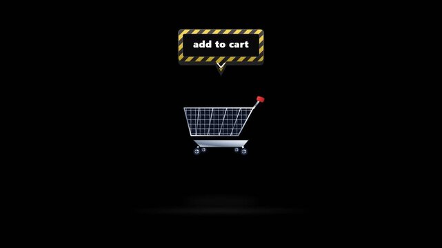 Add to cart button animation with a 3D shopping cart on a black background.