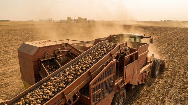 Potato harvester conveyor loading crop amid dusty field haze
