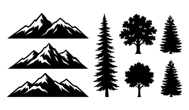 Mountain and Tree Silhouette Collection with Pine Forest Nature Landscape Black Vector Illustration Set