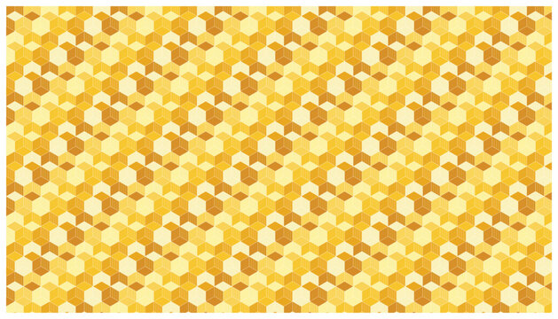 Abstract geometric pattern of golden hexagons and cubes in a honeycomb arrangement.