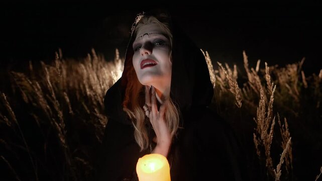 Close shot of pale-faced woman in dark hooded cloak gently lifting hood with one hand while holding lit candle near chest; candlelight creates warm underlighting on chin and neck and casts soft glow