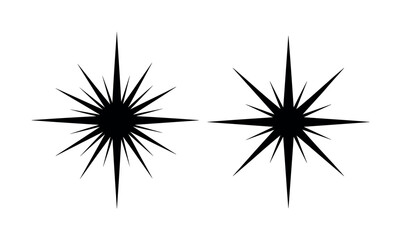 Fototapeta premium Black starburst icon pair with sharp radial rays, bold geometric points, and dramatic sparkle forms, starbursts, stars, rays,