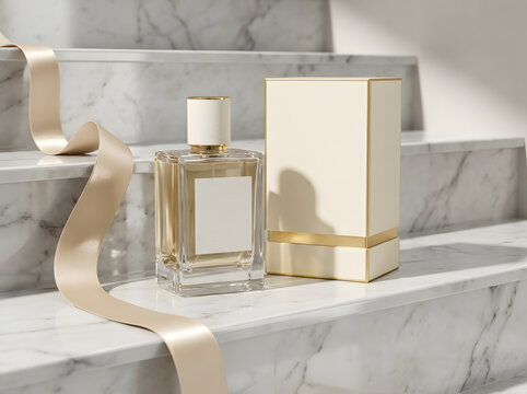 Elegant perfume glass bottle with cream box on luxury marble stairs north america set.