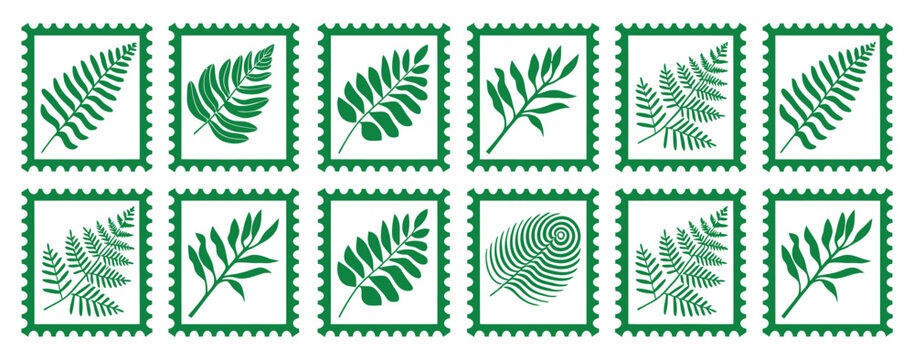 Green fern leaf illustration featuring botanical designs inside postage stamp frames, nature elements, vintage style, decorative plant artwork, and organic vector graphics.