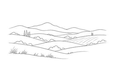 Fototapeta premium Minimalist simple landscape view of hills fields line art drawing, landscape, hill, field, meadow, grass, simple, minimal,