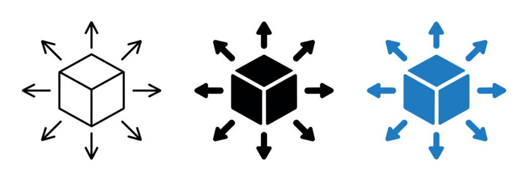 Three cube with outward pointing arrows in outline, solid black, and blue styles on transparent background
