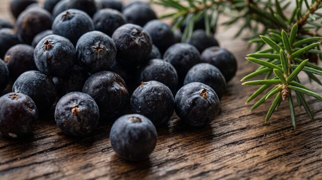 Fresh juniper berries scattered on a rustic wooden surface with pine needles