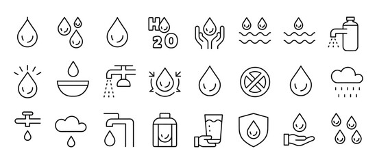 Fototapeta premium Water and liquid set, black line symbols on white background
