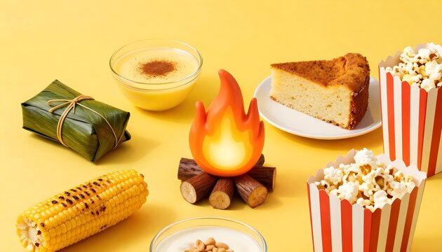 Festive food spread with popcorn, cake, corn, and sweet treats on yellow background