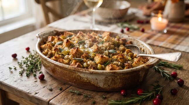 Traditional stuffing dish served on wooden table with herbs and candle  
