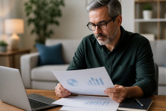 Man reviewing financial charts and reports at home office desk