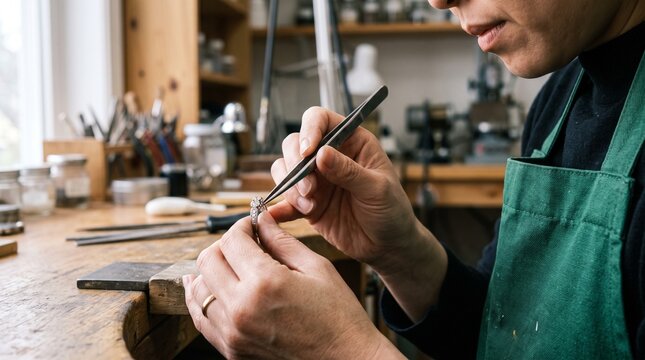 Person crafting handmade ring in jewelry atelier concept of craftsmanship artisan work luxury design and traditional jewelry making