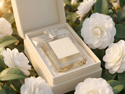 Glass perfume bottle nestled in white satin gift box surrounded by camellia blossoms.